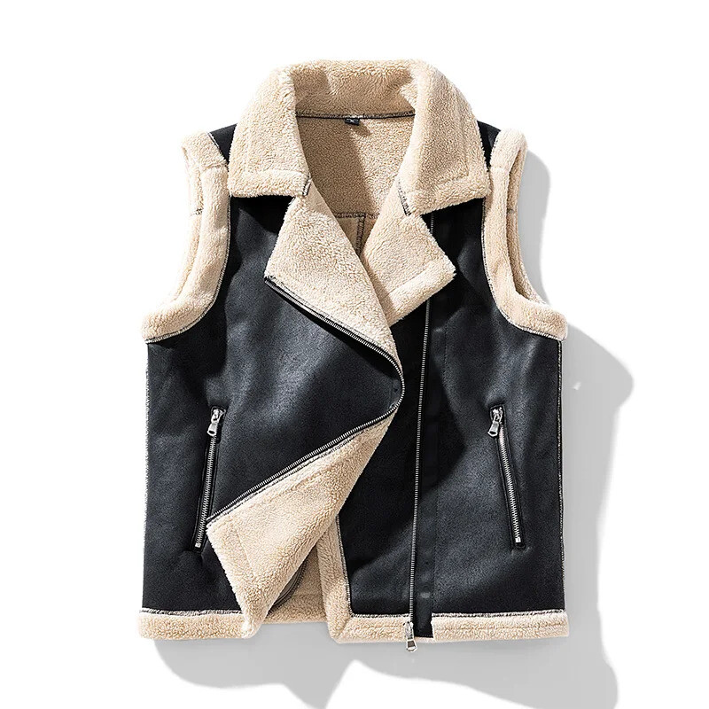 Sleeveless Leather Jackets Men Vest Punk Style Fur Fleece Lined