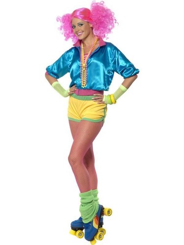 LADIES SKATER GIRL COSTUME NEON 1980s RETRO 80s ROLLER DISCO FANCY DRESS OUTFIT