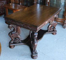 Antique Carved Oak Winged Griffin Writing Library Table or Desk