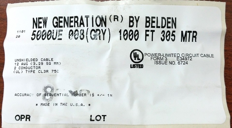 25FT Belden 5000UE 2 Conductor 12 Gauge Unshielded CL3R Riser Cable ...