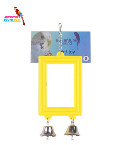 ADVENTURE BOUND SMALL BIRD BUDGIE PARAKEET HANGING TALL MIRROR & BELL TOY 12CM