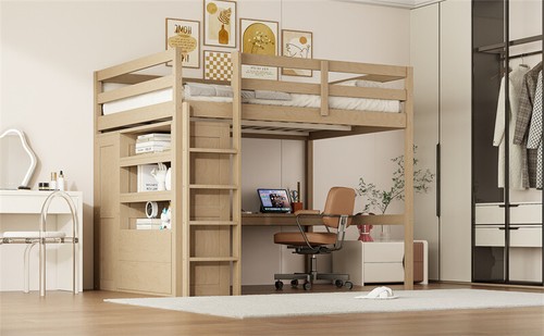 Full Size Wood Loft Bed Built-in Wardrobe w/Desk,Storage Shelves &Drawers-Walnut - Picture 16 of 18