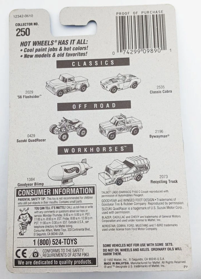 Hot Wheels TALBOT LAGO Black 7-Spoke All-Blue Card #250 1995 MOSC 7sp Near Mint - Image 3 of 3