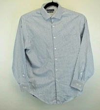 Geoffrey Beene Button Up Shirt Men's Medium Blue White Stripe Flip Cuff No-Iron