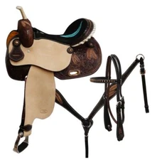 Circle S Barrel horse saddle set with feather tooling Size 14",15",16"