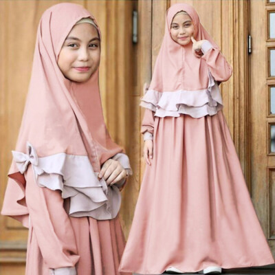 2Pcs Sets Kids Girls Abaya Prayer Robe Kaftan Long Skirt Headscarf Khimar Niqab