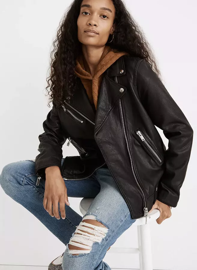 Madewell Women Black Washed Leather Oversized Motorcycle Jacket XS NC052 |  eBay