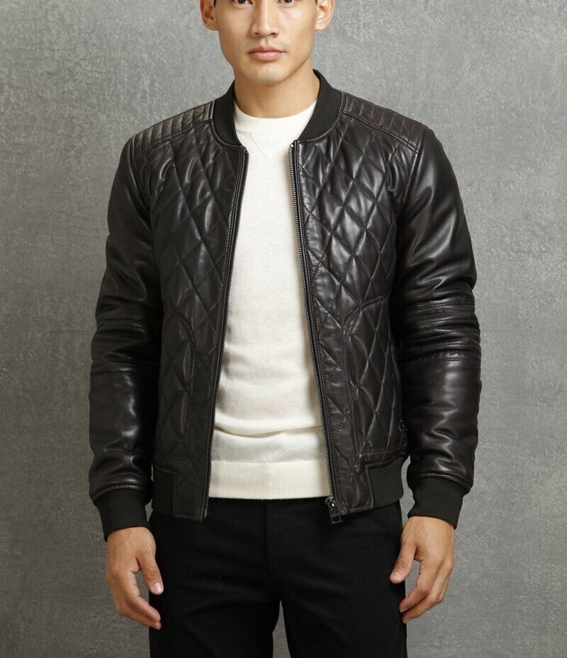 レザージャケット・コート Quilted Leather Bomber Jacket Men Black Quilted Leather Jacket Lambskin Bomber Coat | eBay