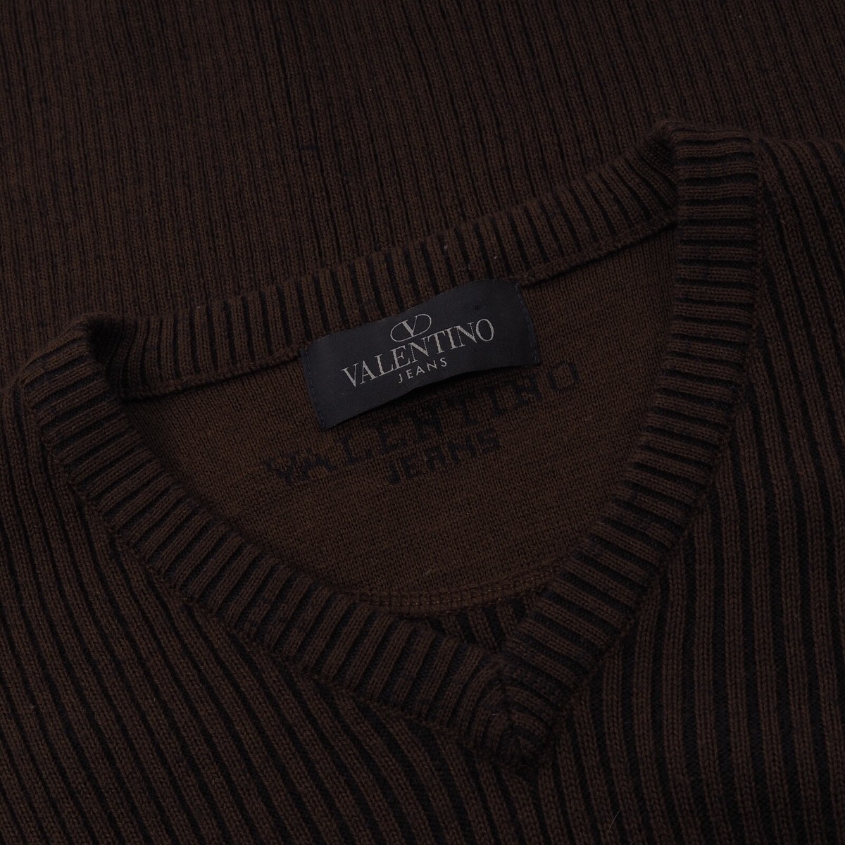 Valentino Jeans Men Vintage 90s Rib Knit Brown Wool Sweater 