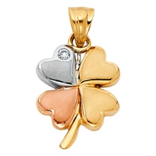 14K Tri Color Gold 4 Leaf Heart Clover with CZ Charm Pendant For Necklace Chain