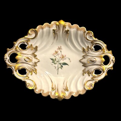 19th C Gilt Relief Paris Porcelain Bowl Spring Acanthus Leaf Pierced Handle 11''