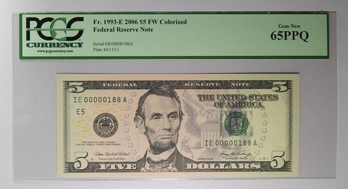 Low Serial Number 00000188 Fr 1993-E 2006 $5 PCGS Gem 65 PPQ
