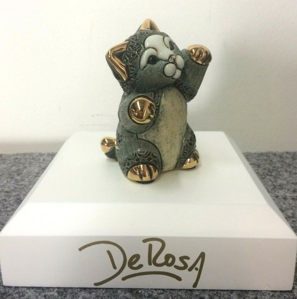 De Rosa Keramik Figur Handgemacht Handbemalt Katze Blau Gold GläNzend Kunst Deko-image