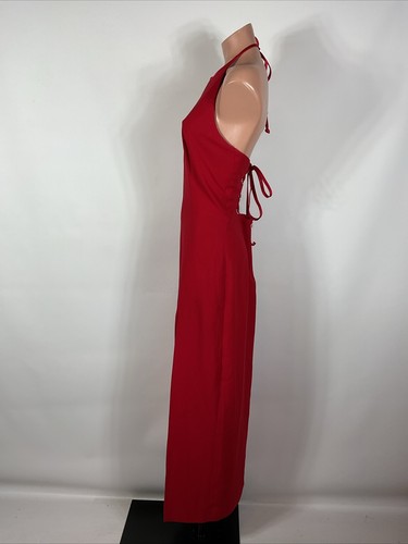 Vintage 90s After Six Red Long Evening Dress Corset Back High Halter Neck Slit - Picture 8 of 10