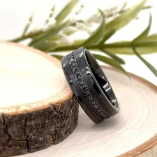 8mm Black Tungsten Christmas Gifts Ring For Her Matte Finish Cubic Zirconia Band