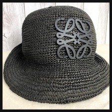 Loewe Anagram Bucket Hat Raffia Calf Leather Black 57 | New