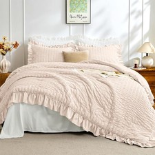 JOLLYVOGUE Beige Queen Comforter Set, 3 Pieces Seersucker Queen,