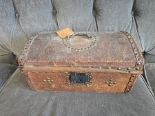 Antique 1800s Hide Covered, Leather, Wood Dome Chest Trunk w/ Brass Rivets