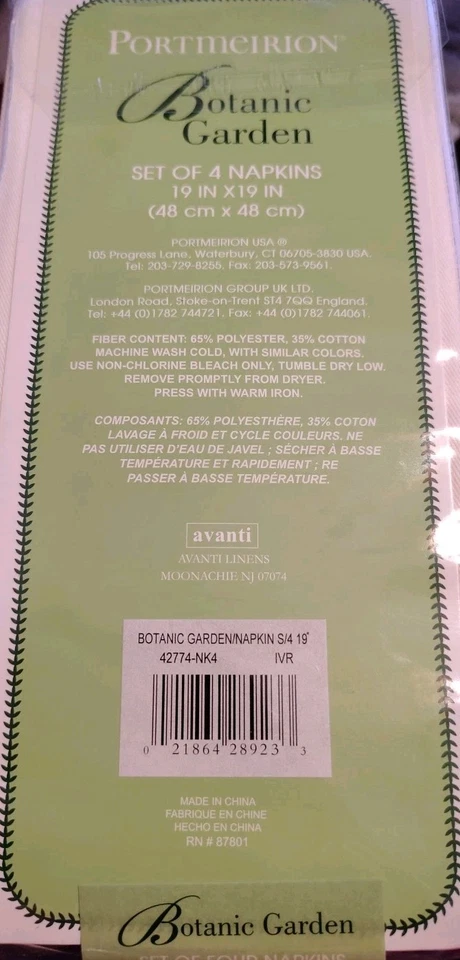 Portmeirion Botanic Garden Napkins Floral Magnolia Set Of 4 19''X 19" New - Image 3 of 4