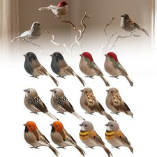 12 Pack Clip-on Artificial Feather Birds - Realistic Fake Sparrow Ornaments f...