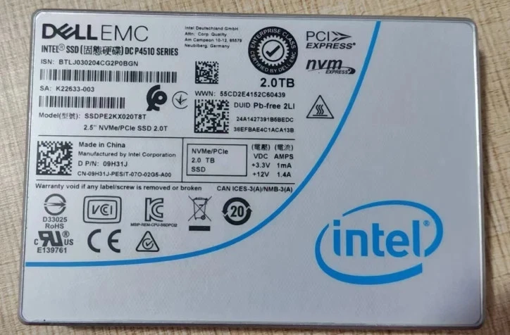 DELL 2TB Intel SSD P4510 Series DC NVME U.2 2,5" SSDPE2KX020T8T 09H31J
