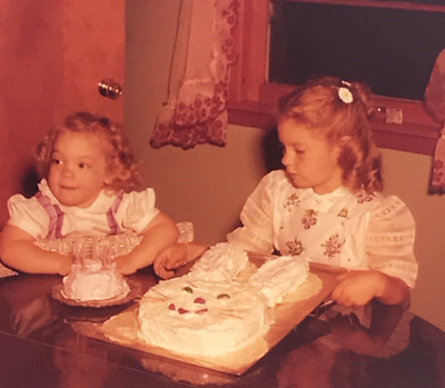VTG 1950s 2 Girls w/ Bunny Easter Cake Glass Plate Photo Slide Magic Lantern