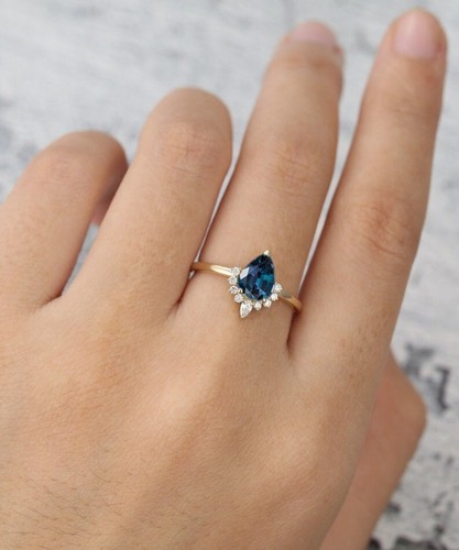 Anillo de compromiso hecho a mano corte pera natural topacio azul Londres chapado en oro plata - Imagen 4 de 4