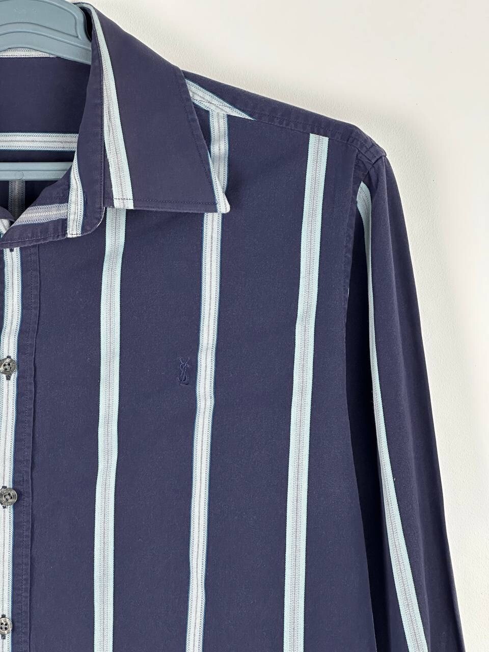 SAINT LAURENT Camicia cotone YSL blu a righe manica lunga con bottoni taglia L