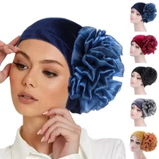 Women Big Flower Velvet Turban Head Wrap Bonnet Muslim Hijab Headscarf Chemo Cap