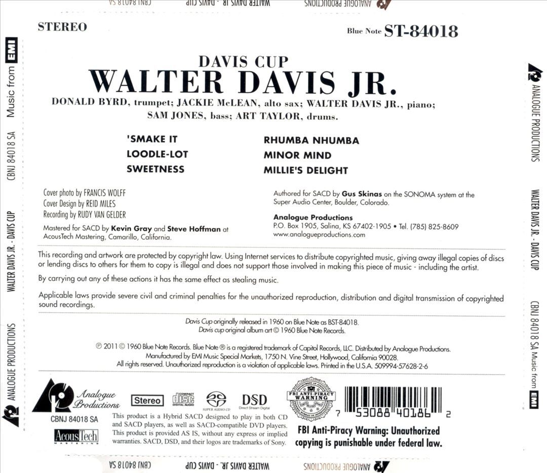 WALTER DAVIS, JR. DAVIS CUP NEW SUPER AUDIO HYBRID CD