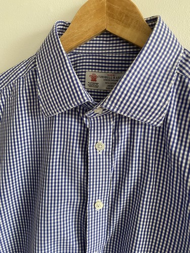 Turnbull & Asser Shirt Mens Large Blue White Gingham Check Long Sleeve - Picture 6 of 15
