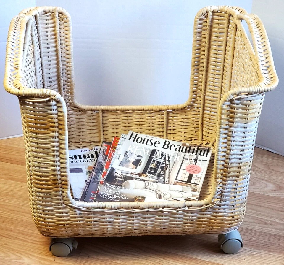 Vintage 70's- 80's Retro Boho Wicker Magazine/Album/Pet Storage Rack On Wheels - Image 2 of 4
