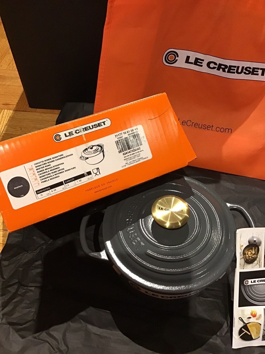 Le Creuset 1.5qt 16cm Graphite signature round dutch oven gold