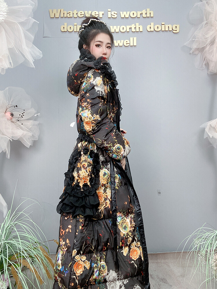 Womens Floral Embroidery Duck Down Jacket Over Knee Long Coat