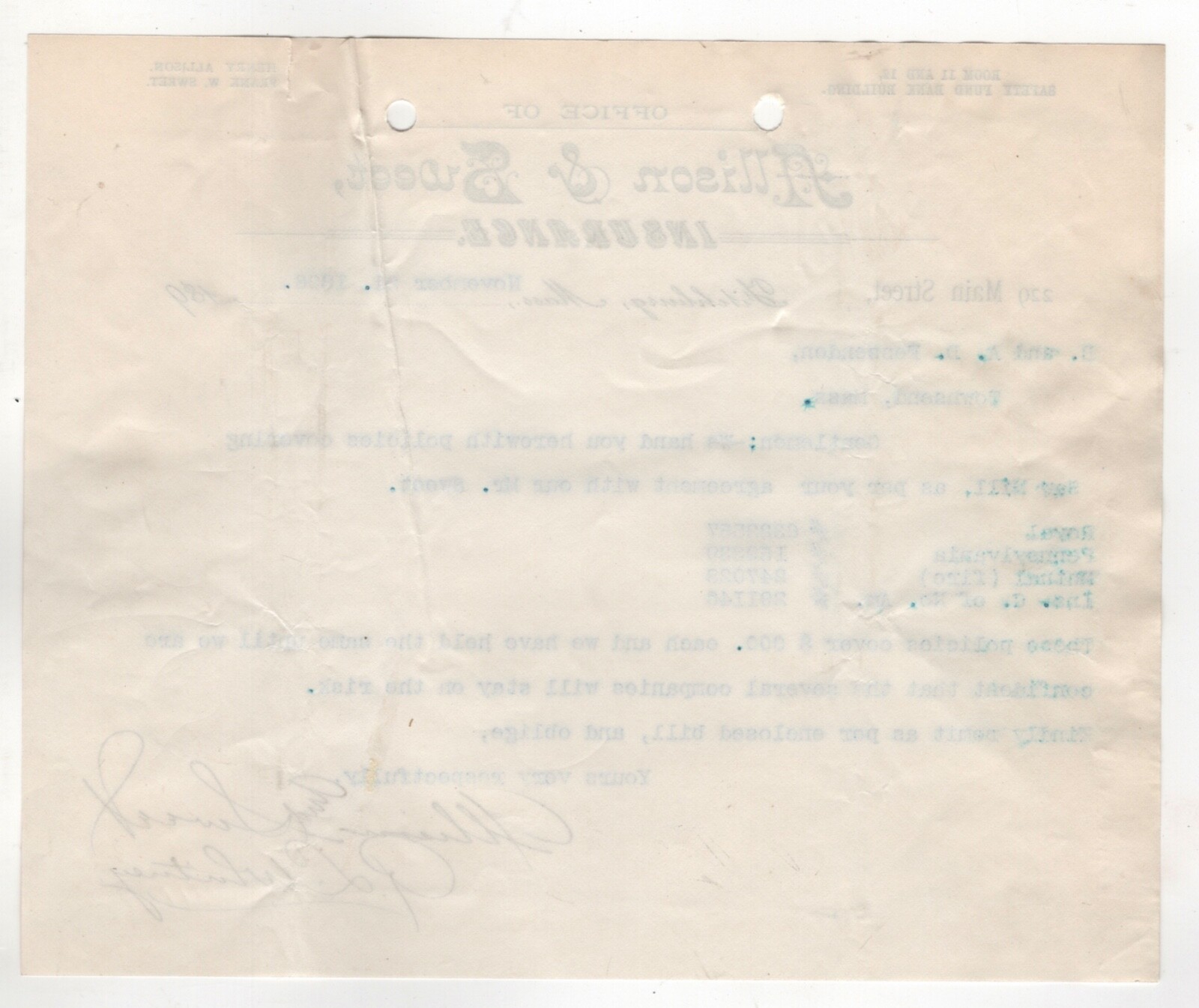 1896 ALLISON SWEET INSURANCE FITCHBURG MASS SAFETY FUND BANK BLDG