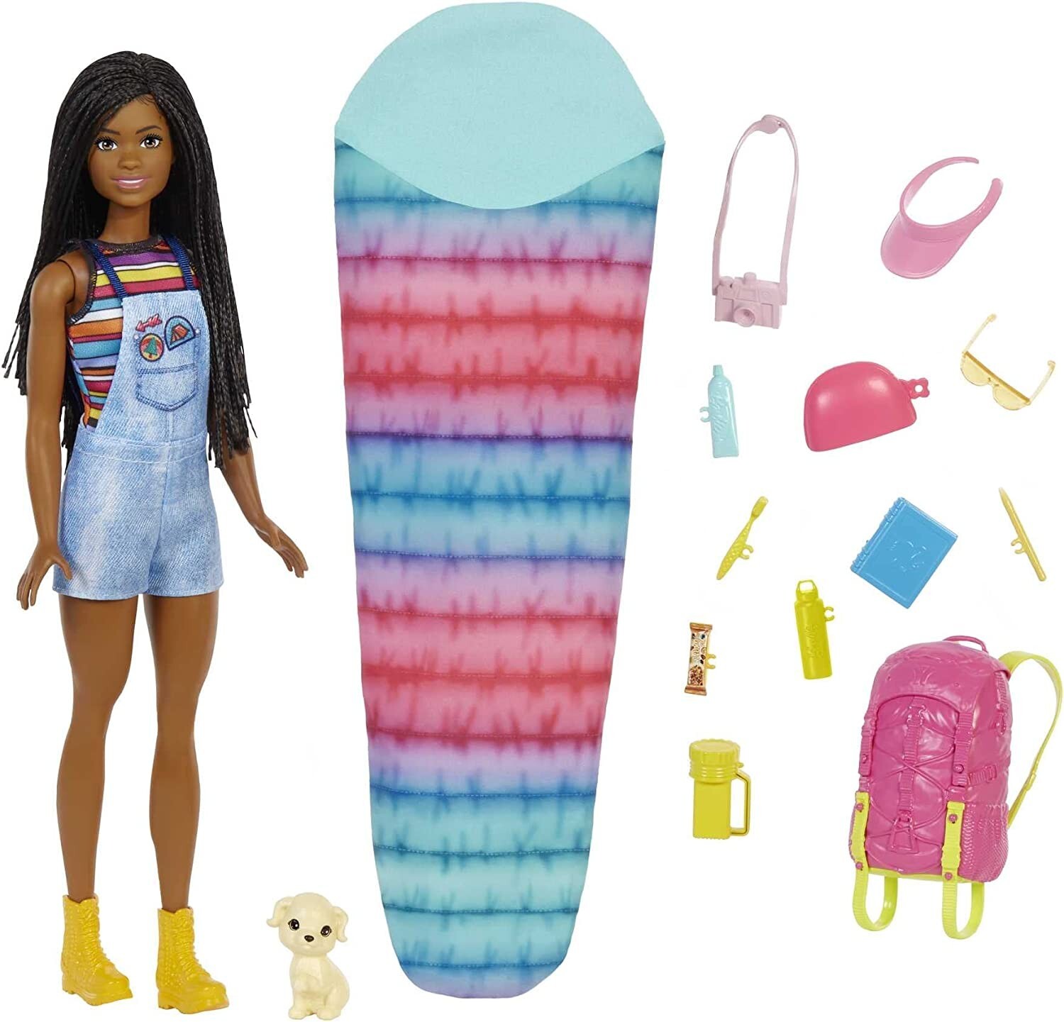 Barbie ¡Vamos de Camping! Brooklyn Muñeca morena con mochila, saco de dormir