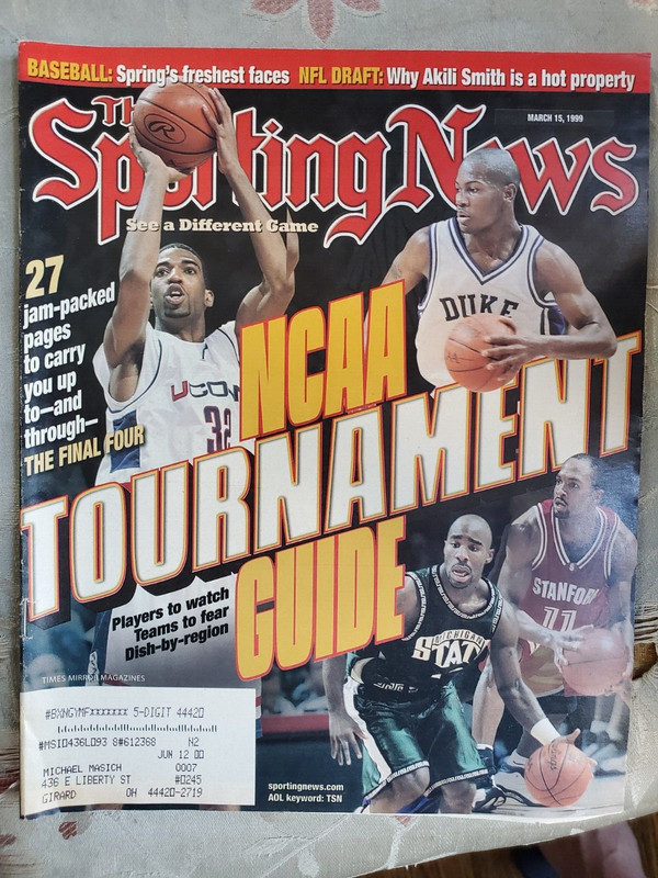 SPORTING NEWS Magazine, MARCH 15, 1999, NCAA TOURNAMENT GUIDE, AKILI SMITH!