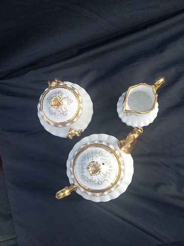 Ant. B&H Limoges Teeservice Teekanne Zuckerdose Milchkännchen Serpant Ausguss Gold Encruste - Bild 12 von 13