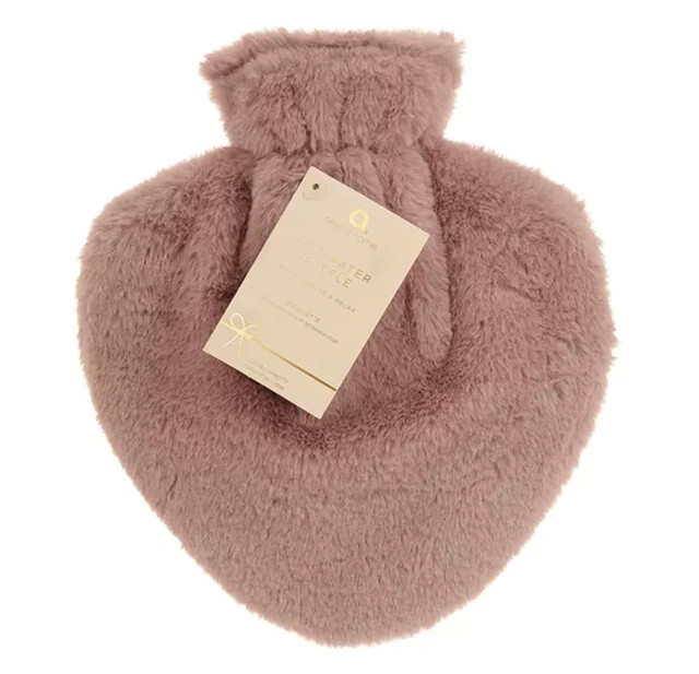 Aroma Home Dusky Pink Plush Faux Fur Cover Heart Shaped 1L Hot Water Bottle