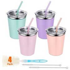 Kids Cups Spill Proof 4 Pack 12oz Stainless Steel Toddler Cups with Straws an...