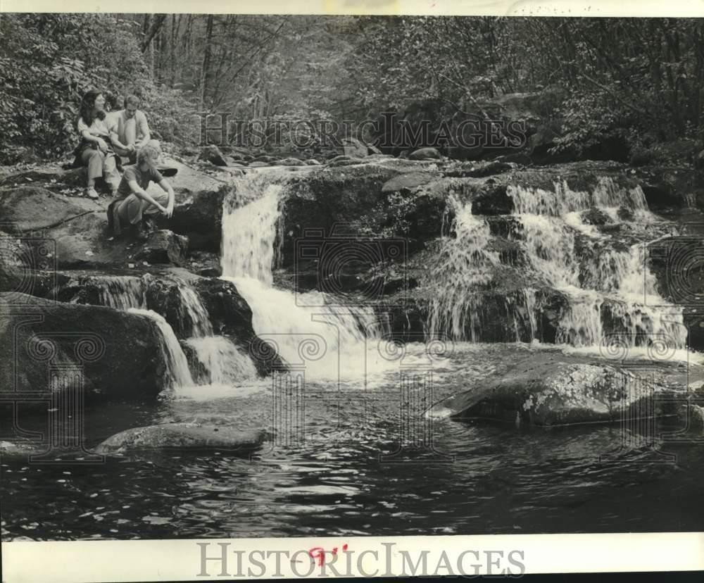 1983 Press Photo Family spending time in the outdoors at a waterfall - nob60083