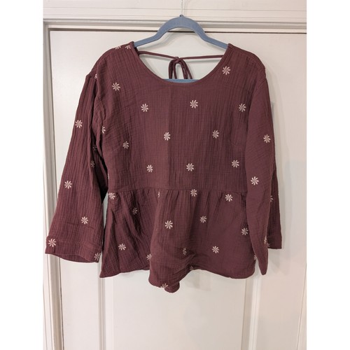 Madewell Burgundy lightspun peplum Gauze Embroidered Floral Top V-Back Tie small