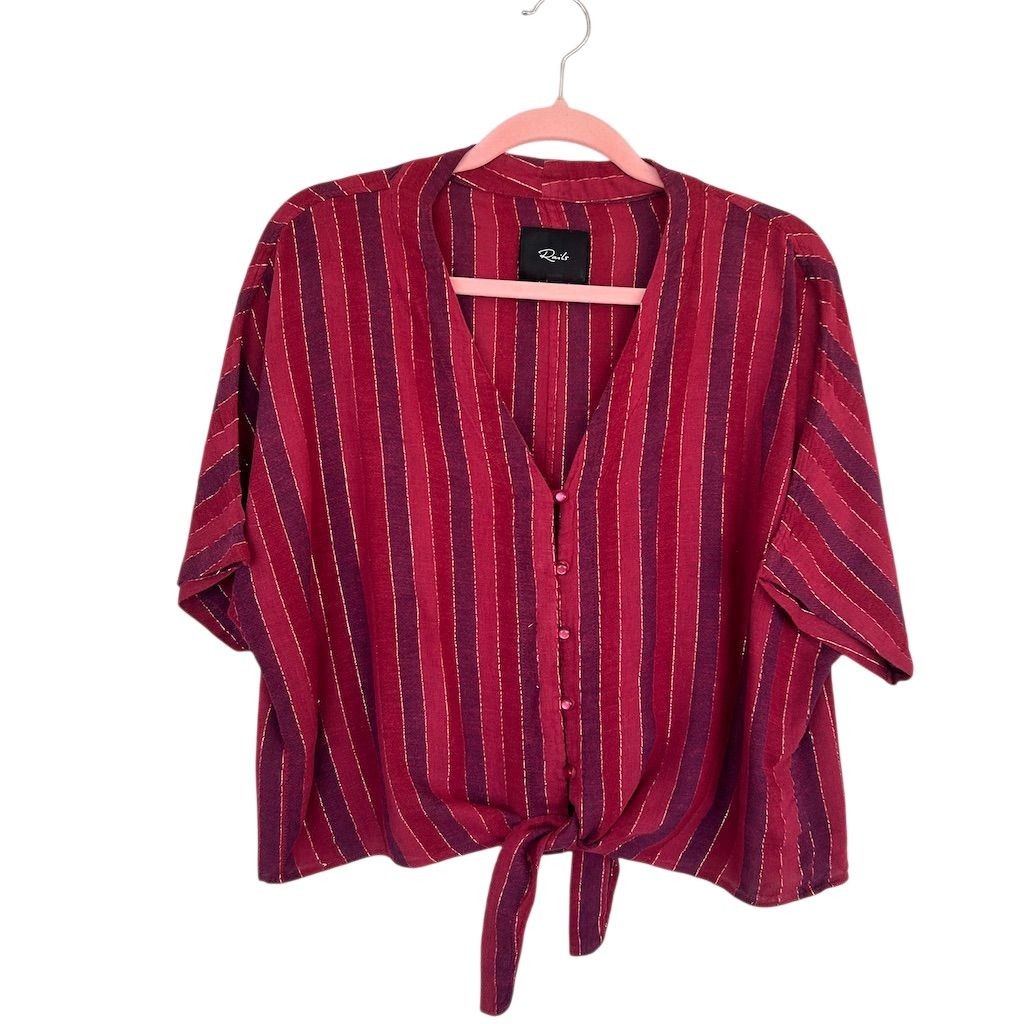 Rails Women's L Striped V-Neck Blouse Red Tie Waist Short Sleeve Boho Beach