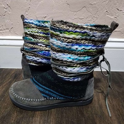TOMS Blue Gray Red Nepal Boots Suede Leather Fleece Lined Woven - 6