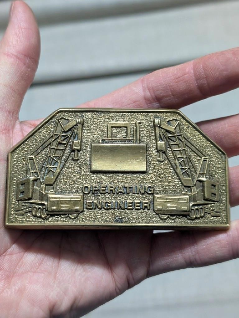 1970s vintage OPERATING ENGINEER belt buckle SOLID BRASS oil heavy equipment
