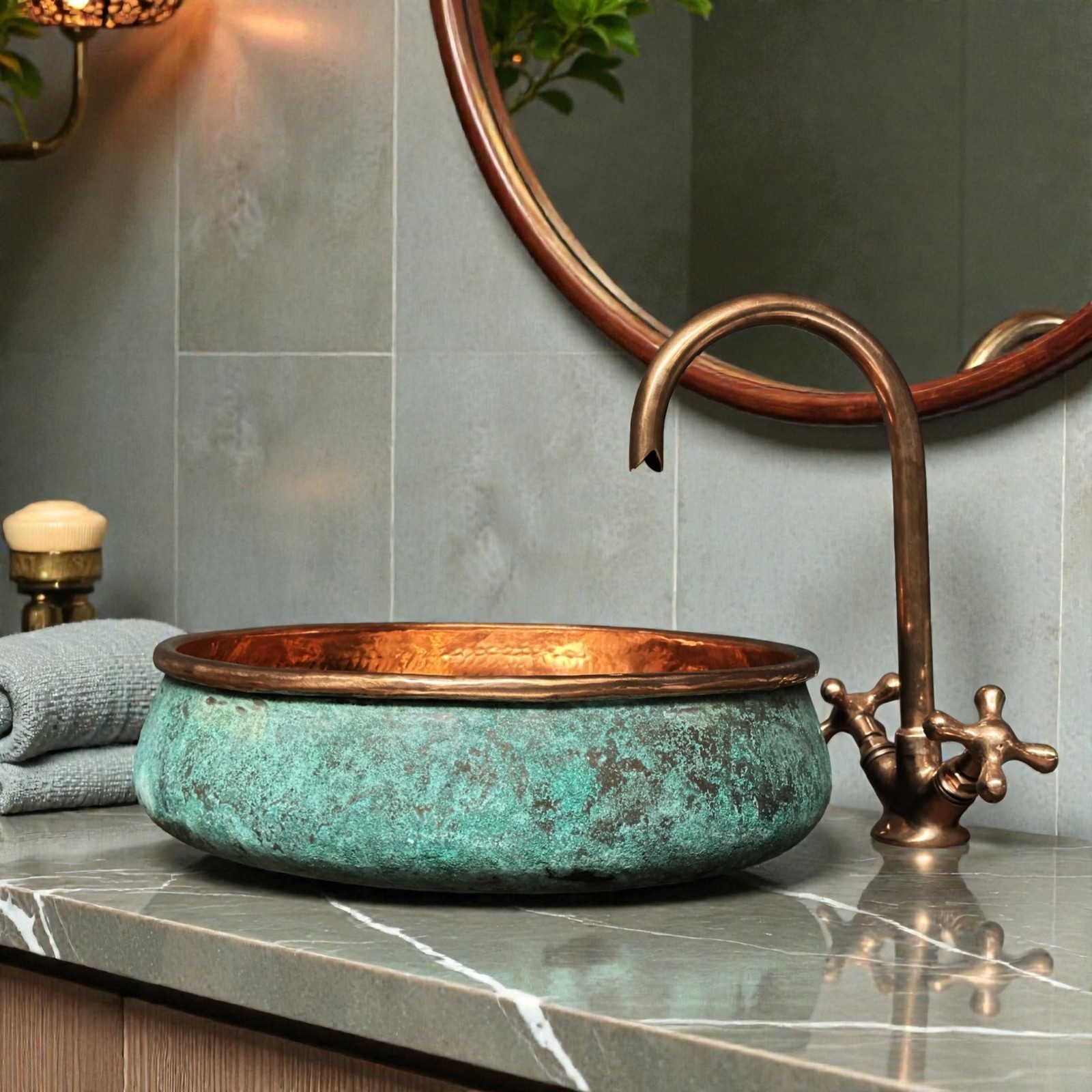 Handmade Copper Vessel Sink Green Patina Hammered Rustic Farmhouse Vanity