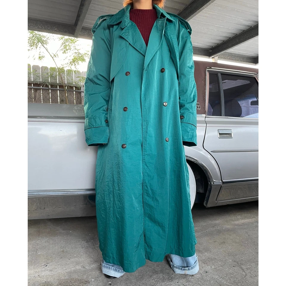 Vintage 80s Maggie Lawrence Double Breasted Long Rain Trench Coat Quilt Line 16 - Image 3 of 4