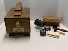 KIWI Hand Crafted Shoe Valet Wooden Shoe Shine Box  Compact Set w/ Accessories