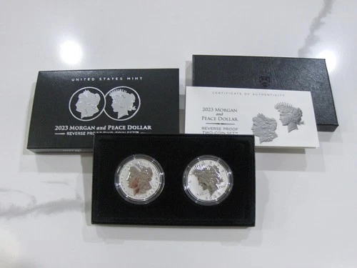 2023 S SILVER US MINT MORGAN & PEACE DOLLAR REVERSE PROOF 2 COIN SET BOX &COA