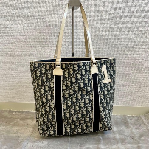 Christian Dior Trotter Tote Bag Black White Canvas Leather Pre-Owned